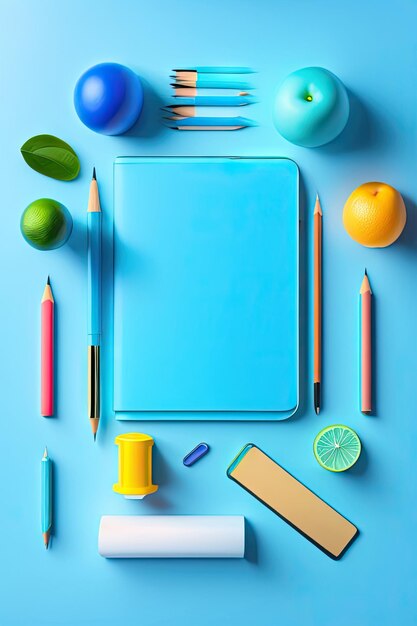 Blue table with school accessories creative composition flat lay