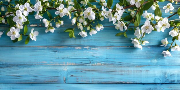 A blue table with white flowers sitting under a clear sky