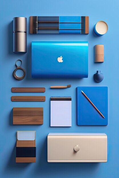 Blue table with wooden office supplies top view Creative workspace