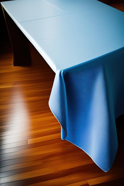 Blue tablecloth on wooden table top view