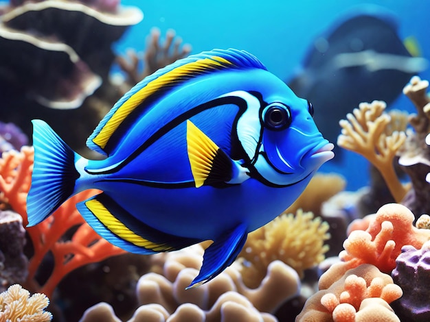 Blue tang fish underwater scene with coral