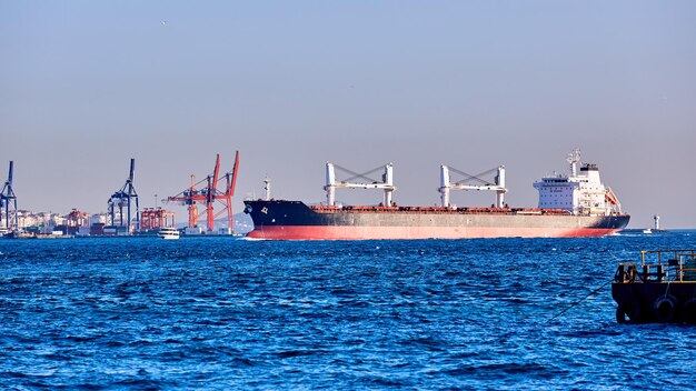 Blue Tanker Ship Passing in Bosphorus Strait