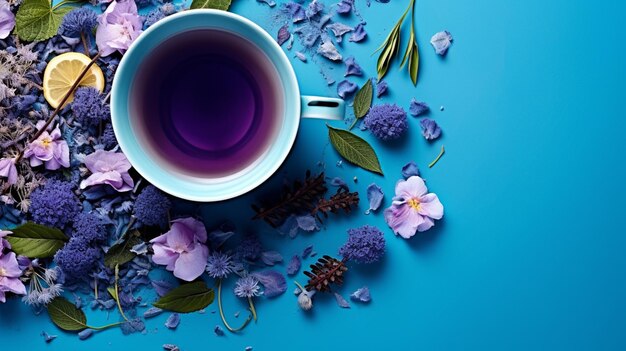 Blue tea in a black cup with flowers on a dark blue background