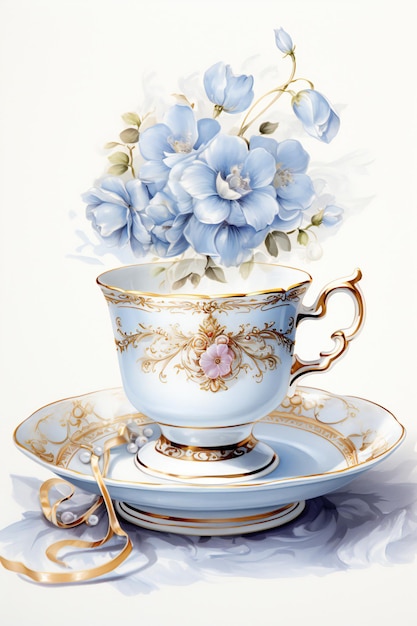 Blue tea cup Watercolor Artwork illustration