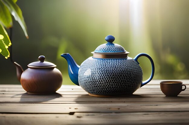 a blue teapot and a teapot on a wooden table