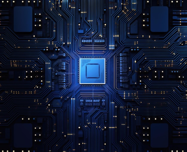 blue technology chip circuit board with dark digital pattern background