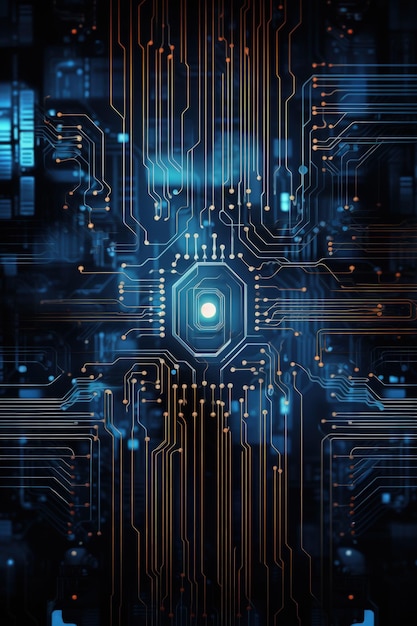 어두운 배경 생성 AI의 파란색 기술 회로 기판