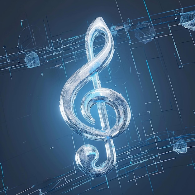 Голубая технологическая структура украшает музыкальную ноту в подробном 3D-рендеринге для социальных сетей