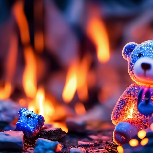 A blue teddy bear sits next to a fire with a lit up toy bear on it.