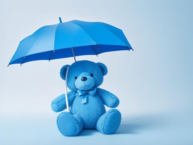 Blue teddy bear with umbrella on blue background blue monday concept