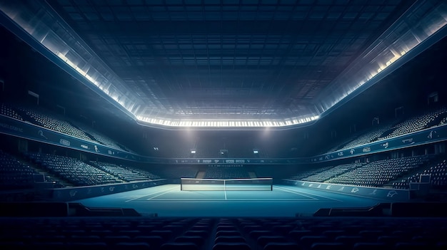 Photo blue tennis court and illuminated indoor arena generative ai