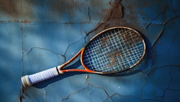 Photo blue tennis racket lying on the line between inner part ond outer