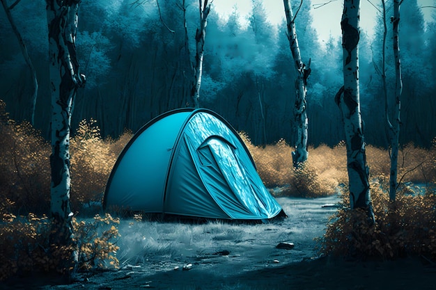 Blue tent in a dark forest