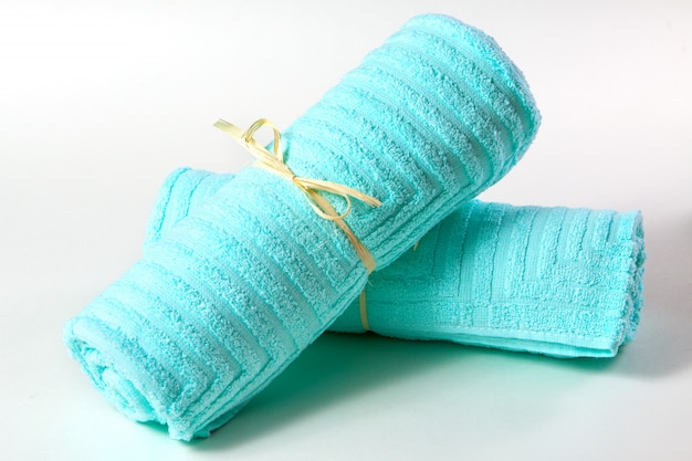 Blue terry towels tied with a ribbon