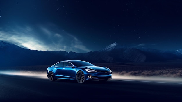 A blue tesla model s car is on a mountain at night.