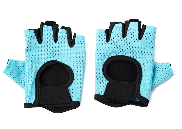 Blue textile sports gloves for fitness training and cycling isolated on white background