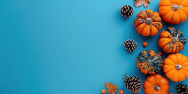 Blue Thanksgiving Banner with Top View of Pumpkins and Pinecones on Festive Holiday Background