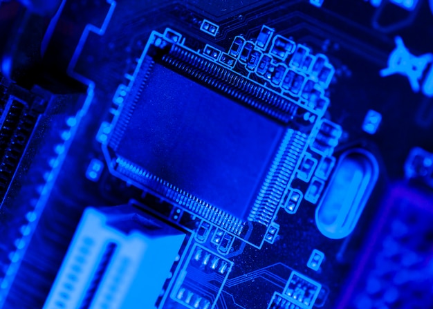 Photo blue themed chip on circuit board