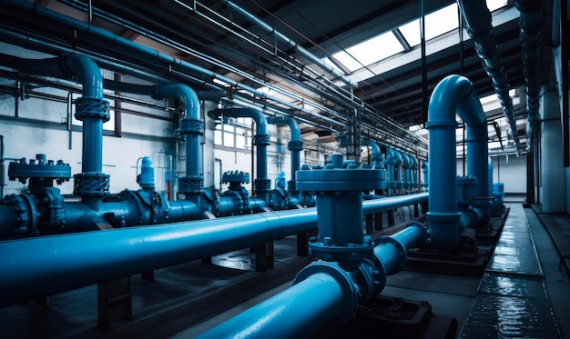 Blue thick pipes in the factory Interior of the industrial premises Generative AI