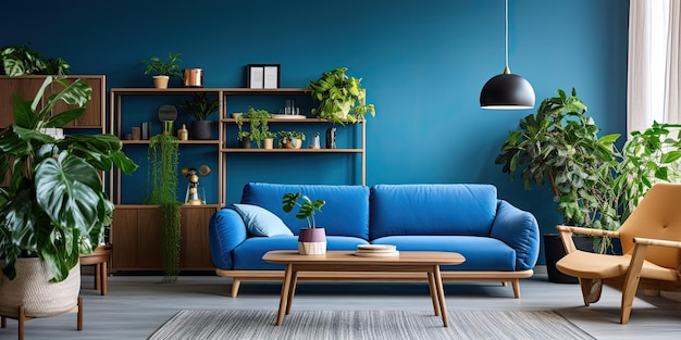 Photo blue threeseater sofa wooden tables and indoor plants in the living room