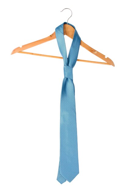 Blue tie on wooden hanger isolated on white