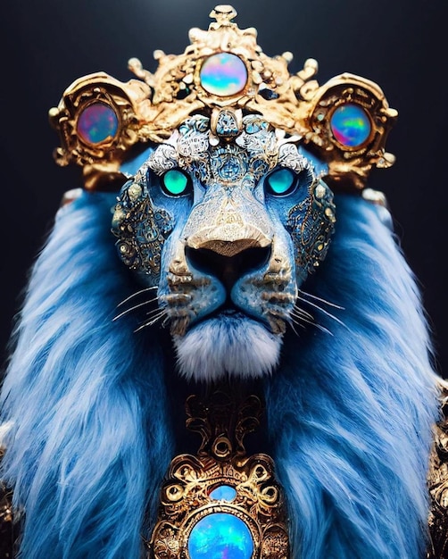 A blue tiger with a gold crown and blue eyes.