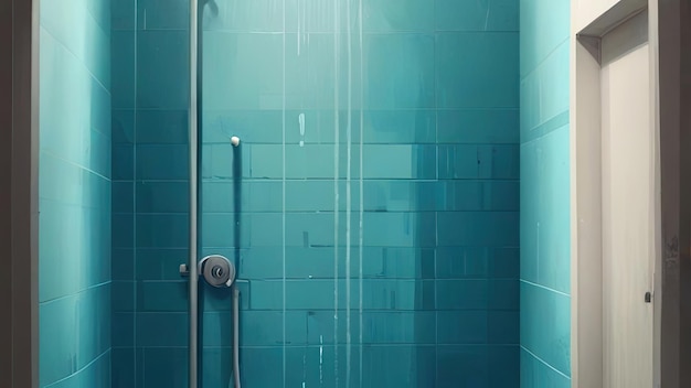 голубой плиточный душ с водяным шлангом и душевой головой
