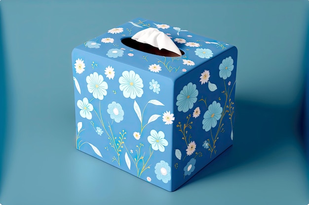 Blue tissue box with flower pattern on blue background