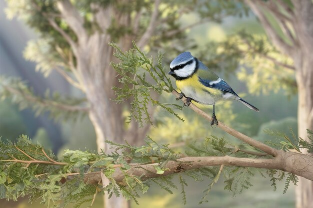 Photo blue titparus major on a branch