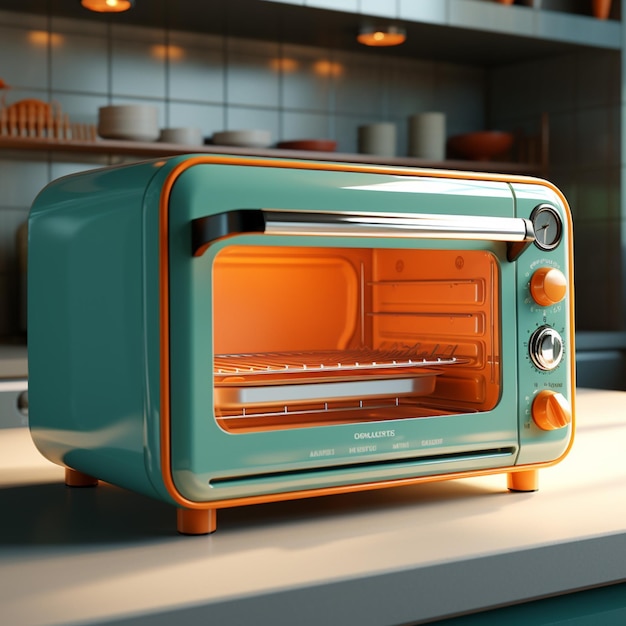 a blue toaster sits on the stove in the style of vray tracing realistic yet stylized dark orange and light green