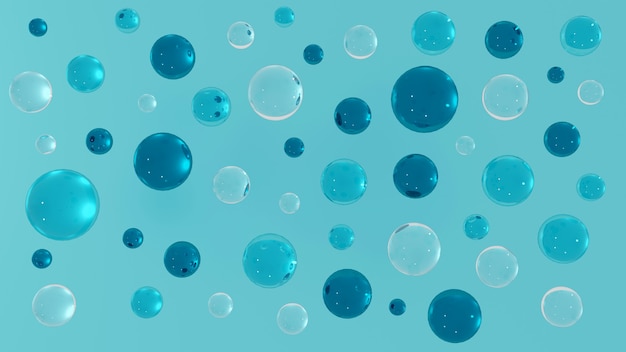 Blue tone clear water bubbles floating in the air colorful glass balls on bright blue background