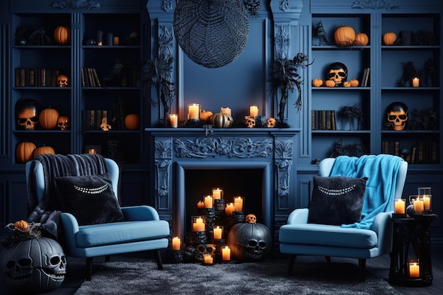 Blue toned living room interior with Halloween decorations Background for Halloween