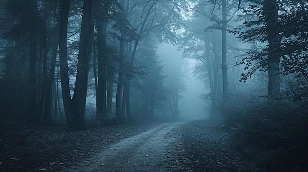 Blue toned mysterious road through forest among high trees Footpath in the dark Generative Ai