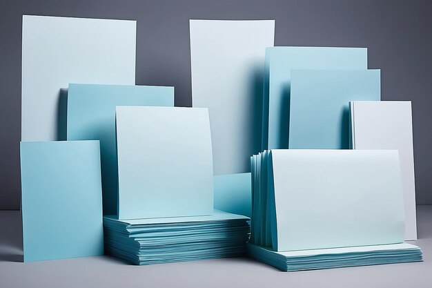 Blue toned set of paper sheets with copy space