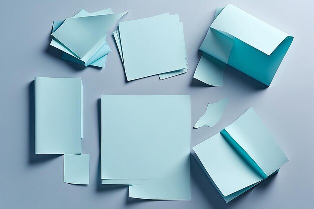 Blue toned set of paper sheets with copy space