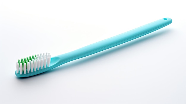 A blue toothbrush with white bristles on a white background.