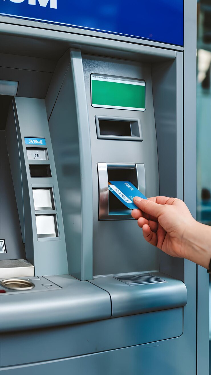 Photo blue top metallic body atm machine with hand inserting card green card label blurred background v