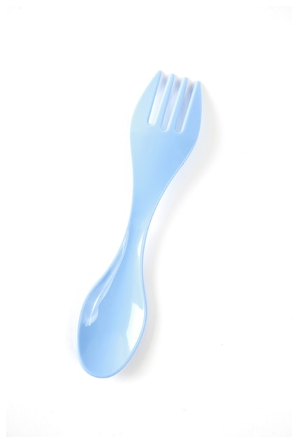 Blue tourist plastic fork spoon isolated on a white background