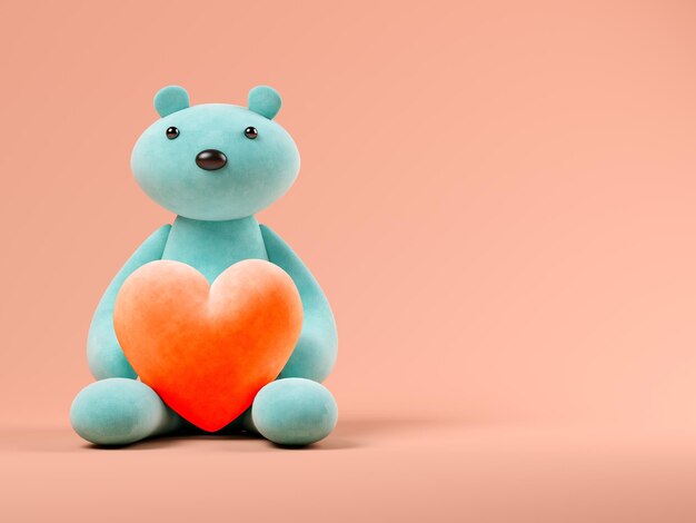 Blue toy bear with heart on pink background 3D illustration