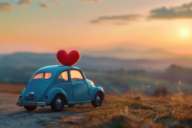 Photo blue toy car delivers heart in tuscany sunset landscape