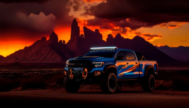 A blue toyota tacoma truck with a mountain in the background