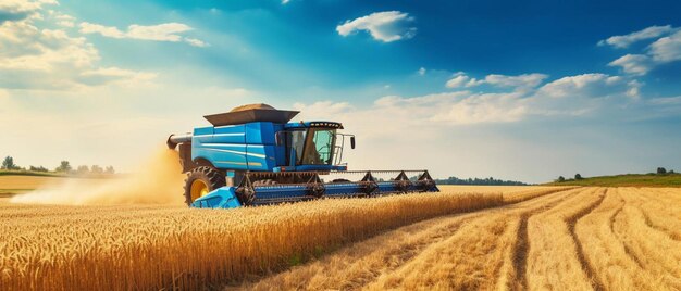 Photo a blue tractor is shown in a field of wheat