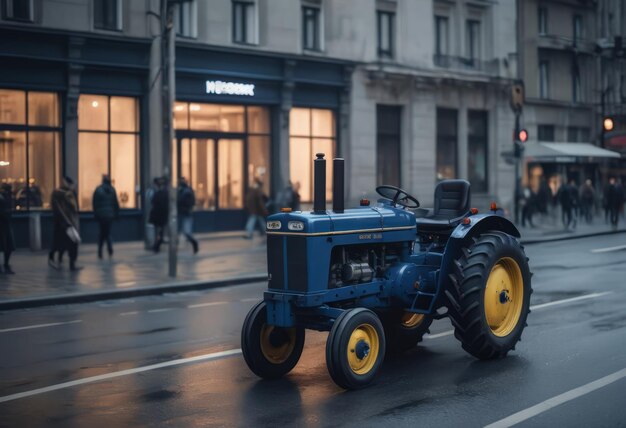 Blue tractor on the road with front loader up in the air buildings within background city