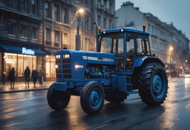 Blue tractor on the road with front loader up in the air buildings within background city