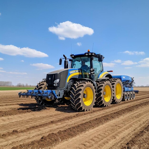 Photo a blue tractor with yellow trim is plowed in a field