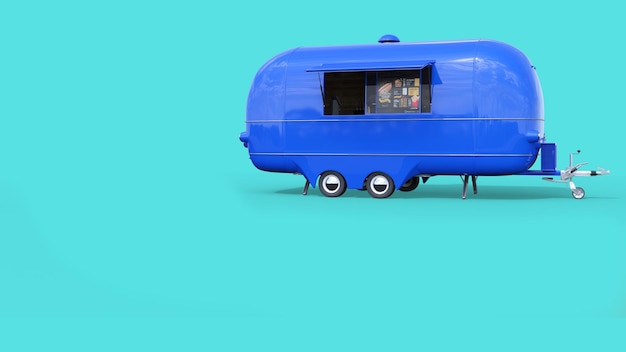 A blue trailer with a blue trailer on it