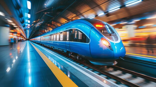 Photo blue train traveling through train station