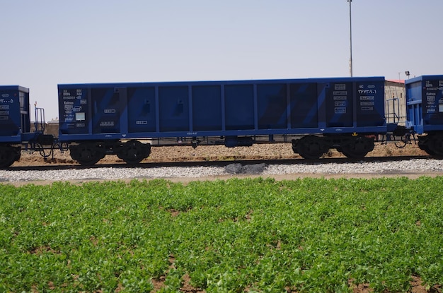 blue train wagon in railway