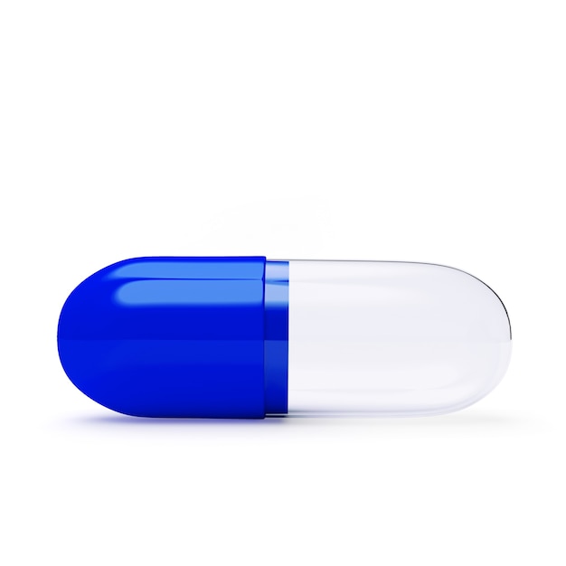 Blue transparent medical capsule close-up