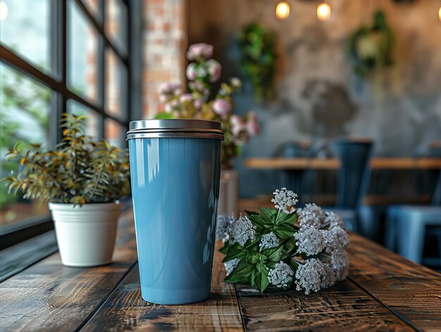 A blue travel mug on a wooden table